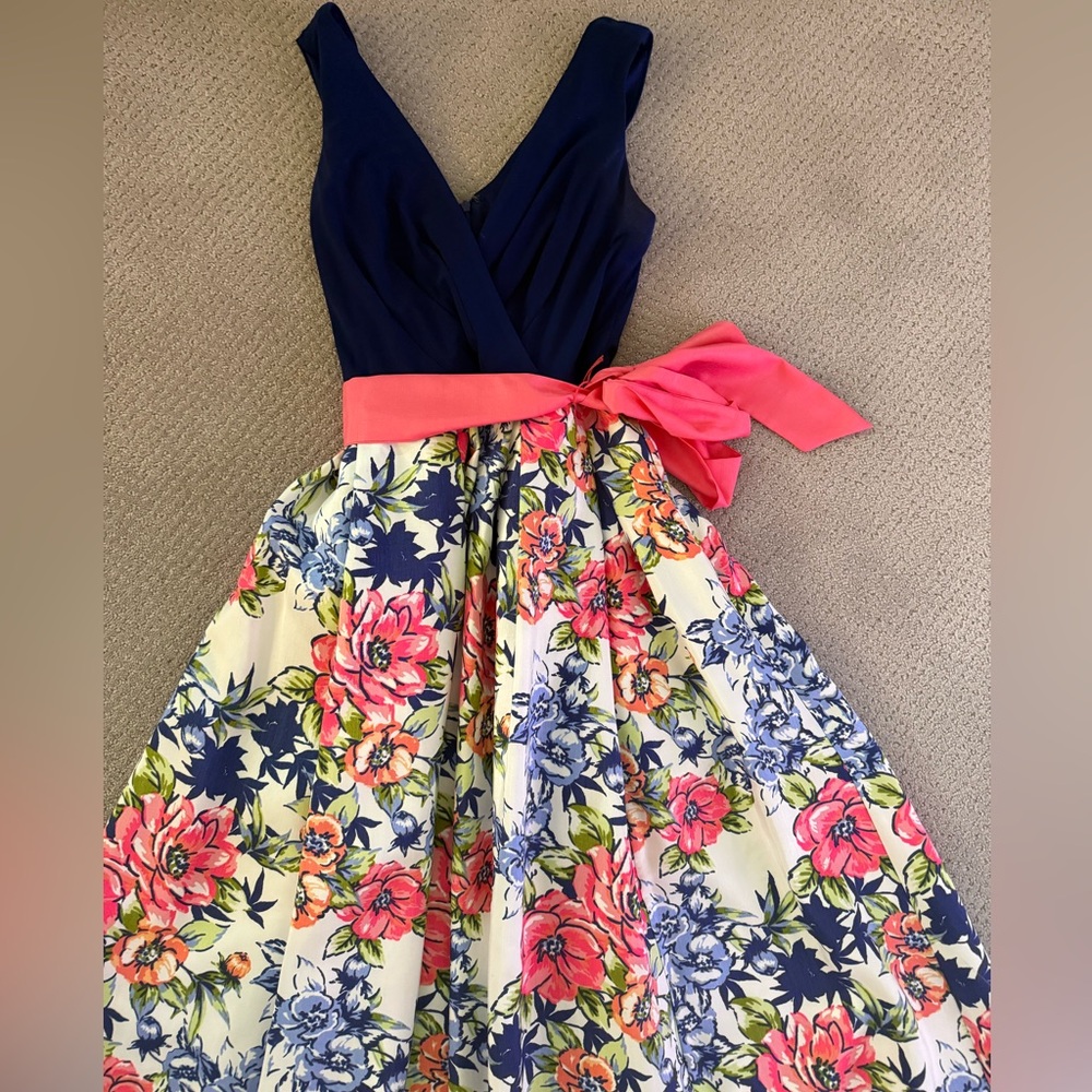 🩷Leslie Fay Floral Navy Blue & Coral Pink V-Neck Maxi Dress size 6 EUC